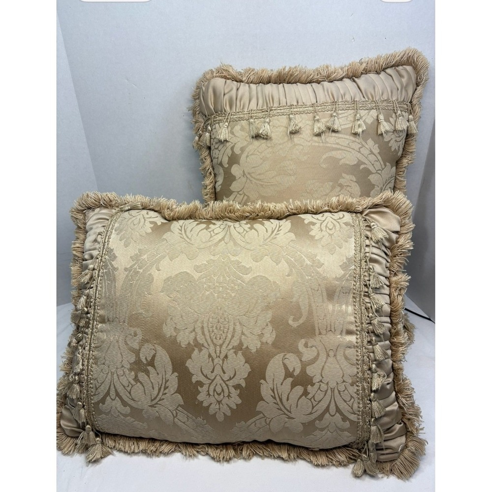 Croscill Home Damask Throw Pillows Gold Champagne Tassel Fringe Set of 2 - Picture 3 of 6